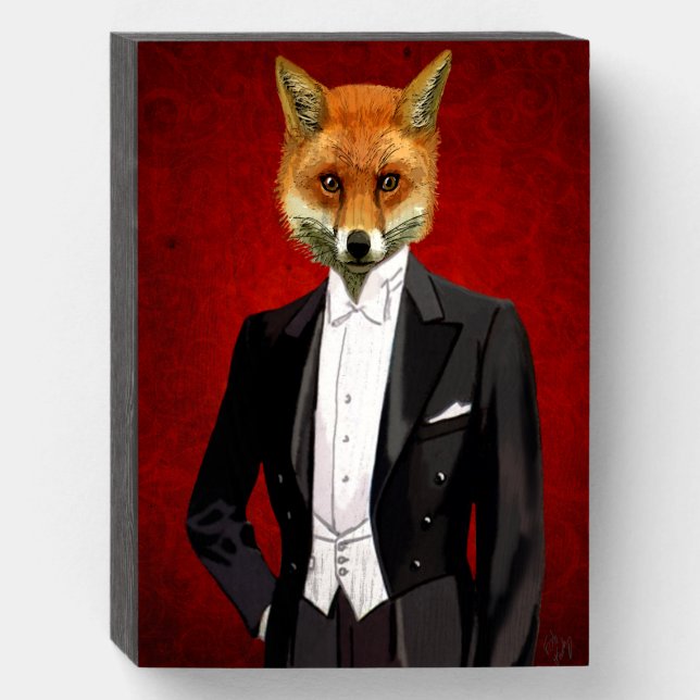 Fox In Evening Suit, Portrait Wooden Box Sign (Front Vertical)