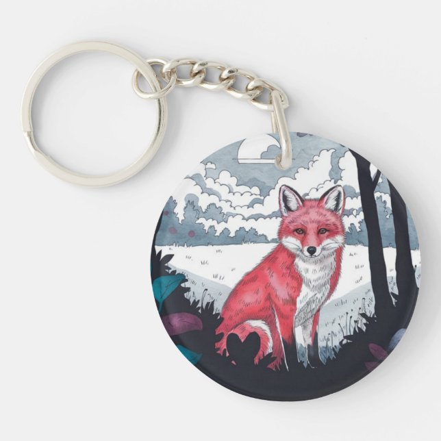 Fox in Forest Clearing Round Acrylic Keychain (Front)