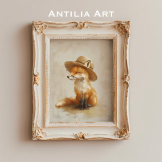 Fox in Hat Whimsical Vintage Woodland Animal Poster