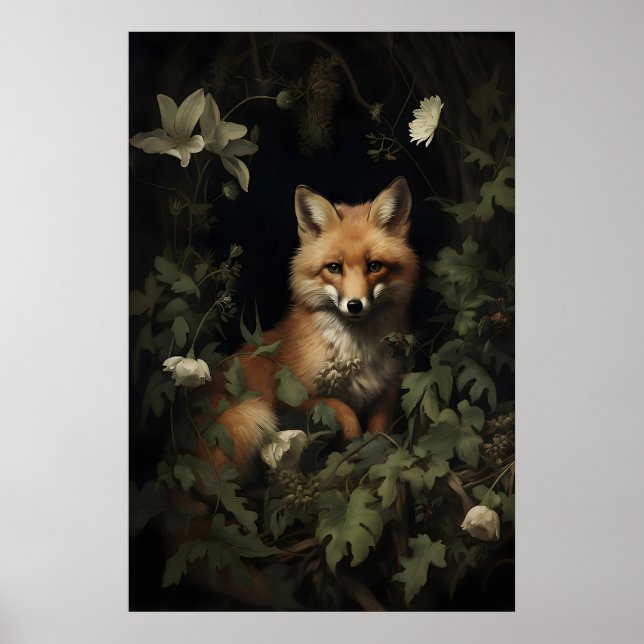 Fox In Moody Forest Print, Fox Botanical Print (Front)