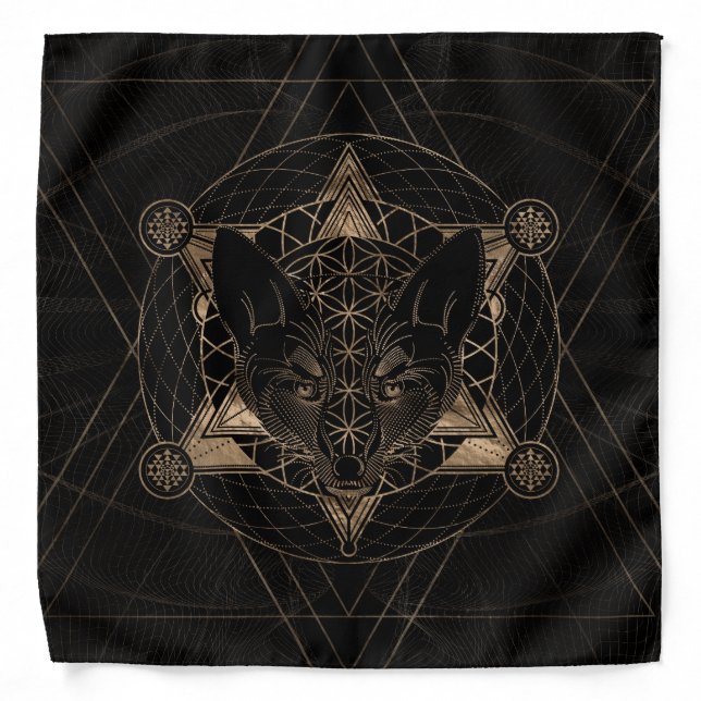 Fox in Sacred Geometry  - Black and Gold Bandana (Front)