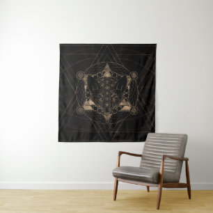 Fox in Sacred Geometry  - Black and Gold Tapestry