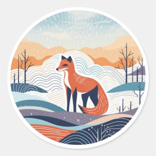 Fox in Snow Round Sticker Christmas (Front)