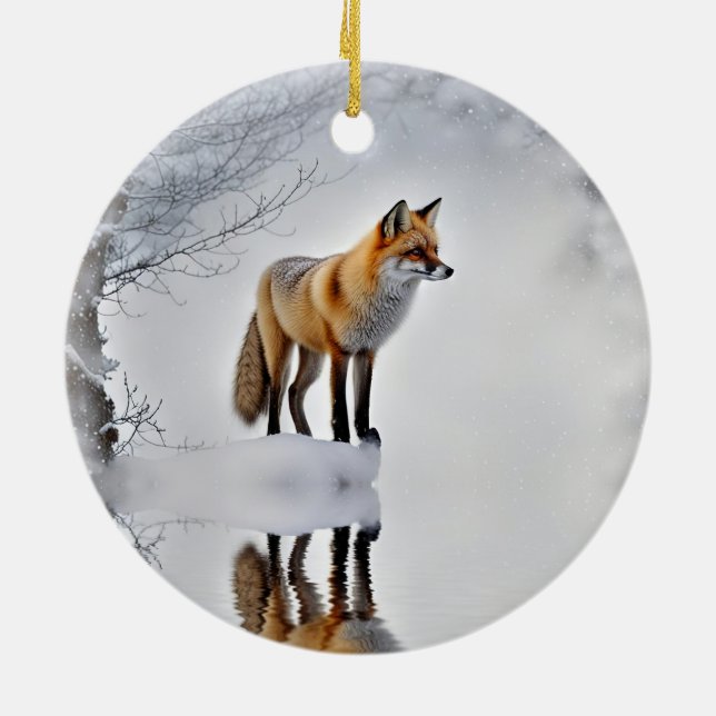 Fox in Snow Wildlife Beautiful Christmas Ceramic Ornament (Back)
