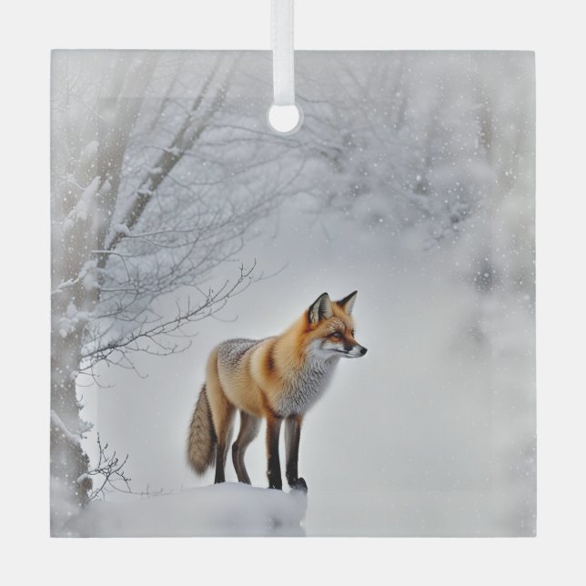 Fox in Snow Wildlife Beautiful Christmas Glass Ornament (Front)