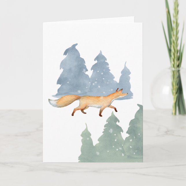 Fox in Snowy Forest Watercolor Holiday Nature Card (Front)