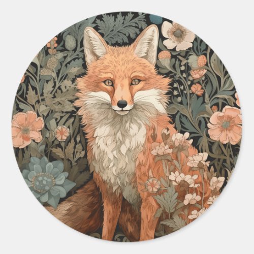 Fox in the Autumn Garden William Morris Style Classic Round Sticker
