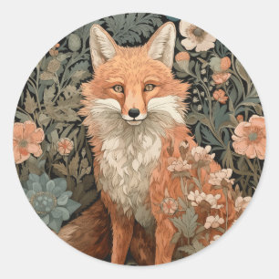 Fox in the Autumn Garden William Morris Style Classic Round Sticker