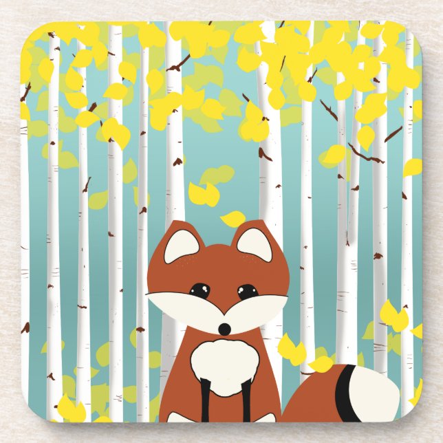 Fox in the Fall Birches Drink Coaster (Front)