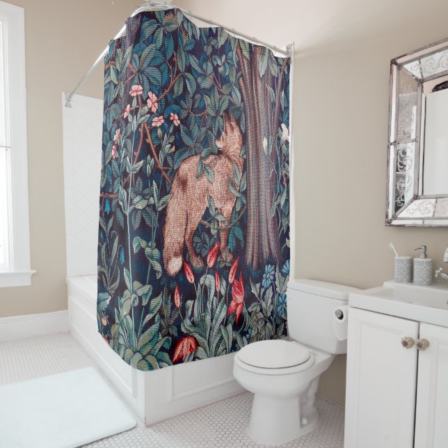 Fox in The Forest, William Morris Shower Curtain (In Situ)