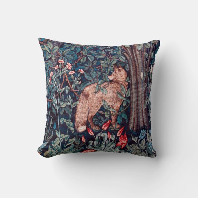Fox in The Forest, William Morris Throw Pillow (Front)