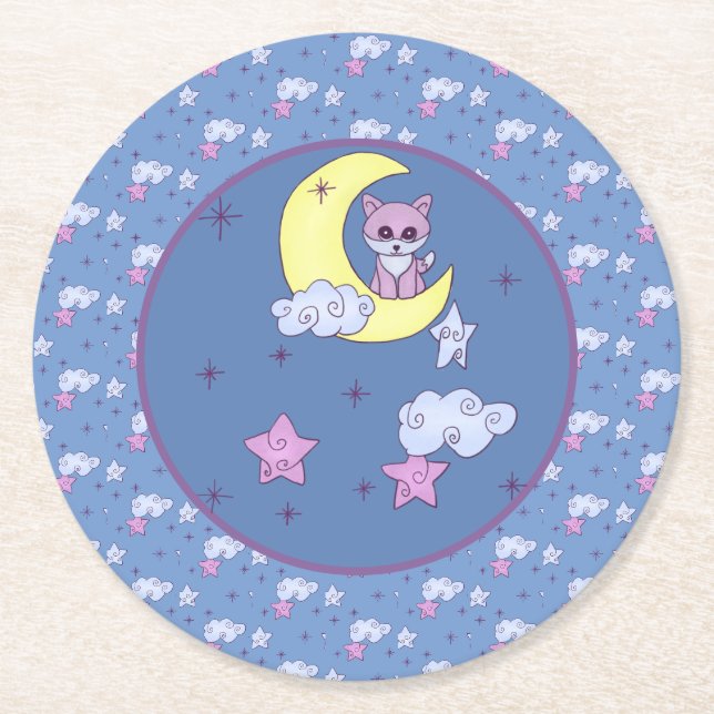fox in the moon round paper coaster (Front)