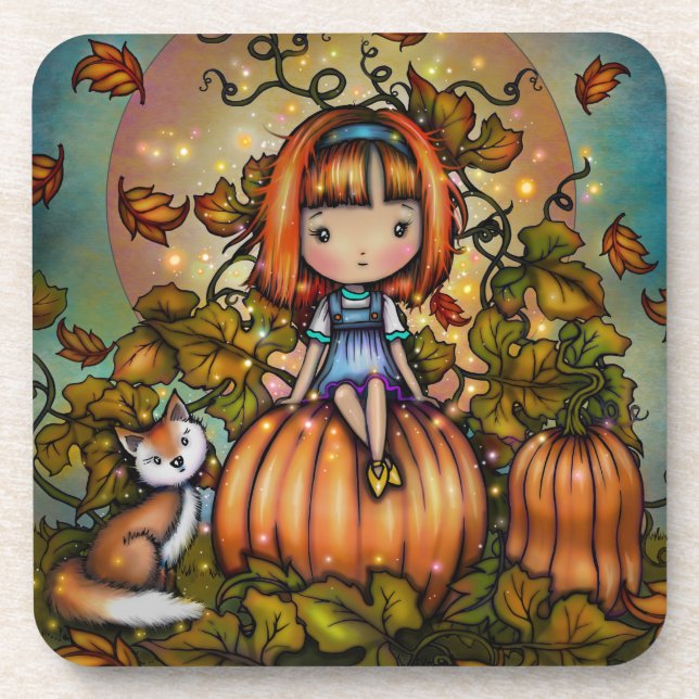 Fox in the Pumpkin Patch Art Beverage Coaster (Front)