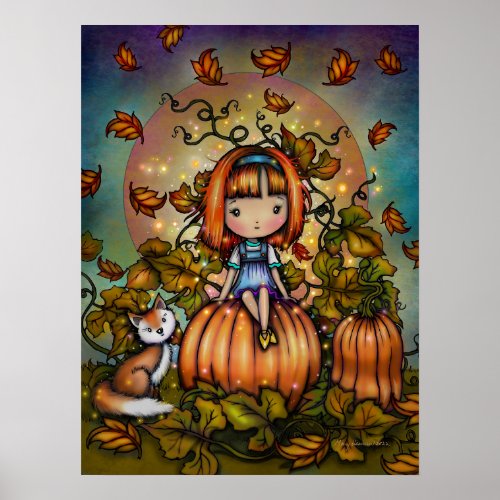 Fox in the Pumpkin Patch Cute Autumn Art Poster