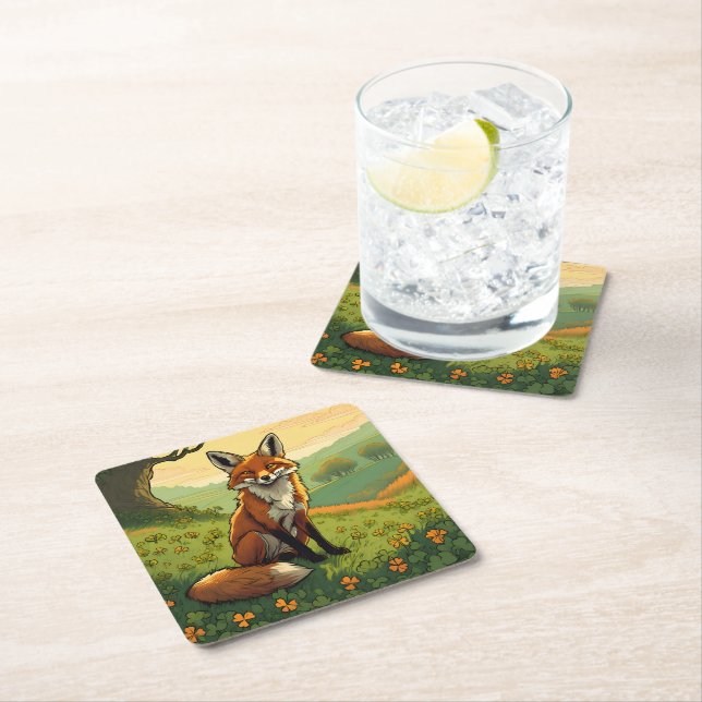 Fox in the Shamrocks Square Paper Coaster (Insitu)