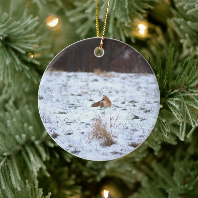 Fox in the Snow Ceramic Ornament (Tree)