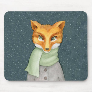 Fox in Winter Scarf Illustration Mouse Pad