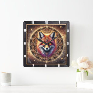 Fox Intricate Mandala Design Vibrant Cosmic Colors Square Wall Clock