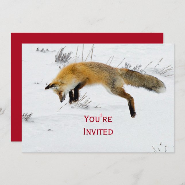 Fox Jumping Snow Photo Christmas Invitation (Front/Back)