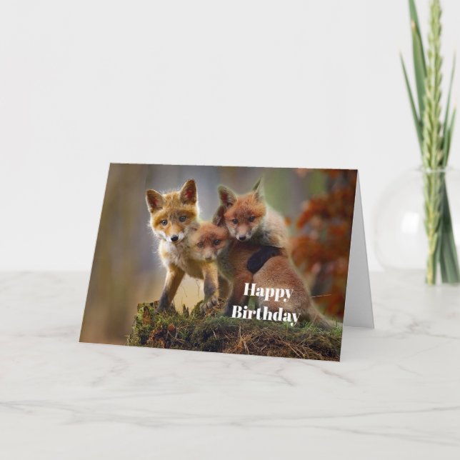 Fox Kits Photo Birthday Card (Front)