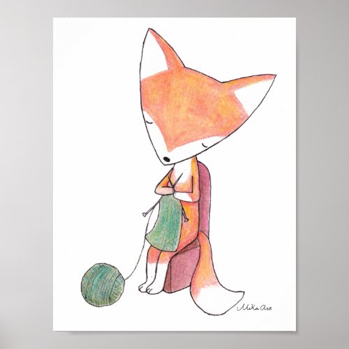 Fox Knitting Fox Wall Art Poster Woodland Nursery