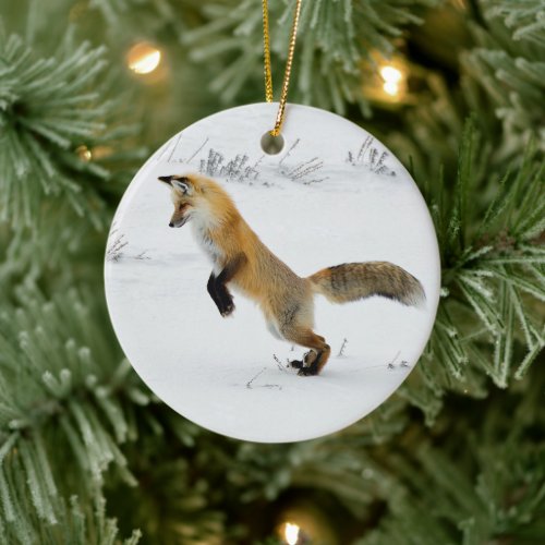 Fox Leaping Snow Photo Ceramic Ornament