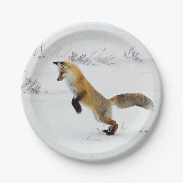 Fox Leaping Snow Photo Paper Plates (Front)