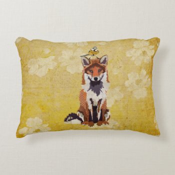 Fox & Little Gold Bird Pillow by Greyszoo at Zazzle