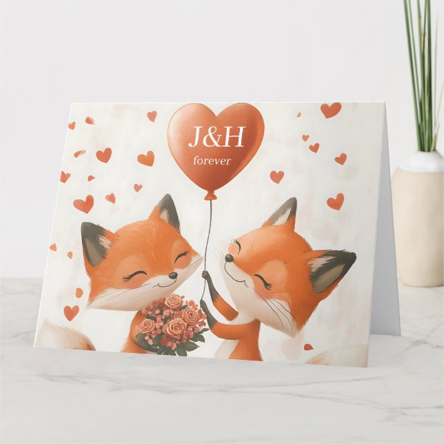 Fox Love Design with Customizable Initials Card (Front)