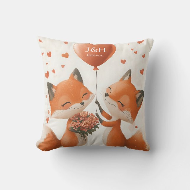 Fox Love Design with Customizable Initials Throw Pillow (Front)