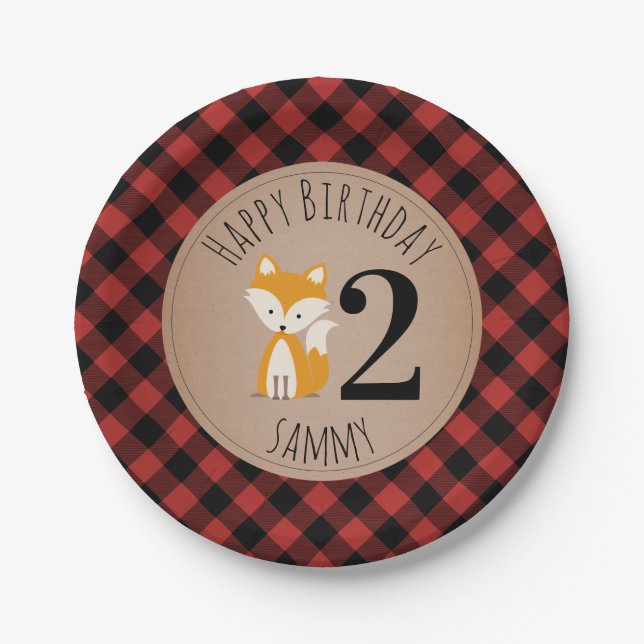 Fox Lumberjack Plaid Baby Birthday Paper Plates (Front)