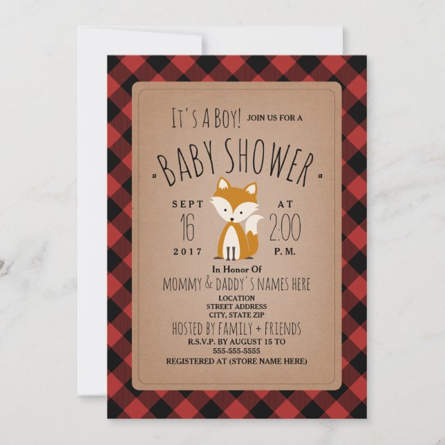 Fox Lumberjack Plaid Baby Shower Invitation (Front)