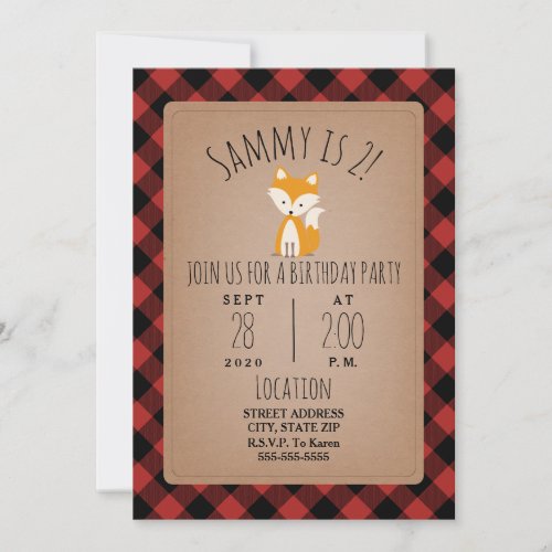 Fox Lumberjack Plaid Birthday Party Invitation