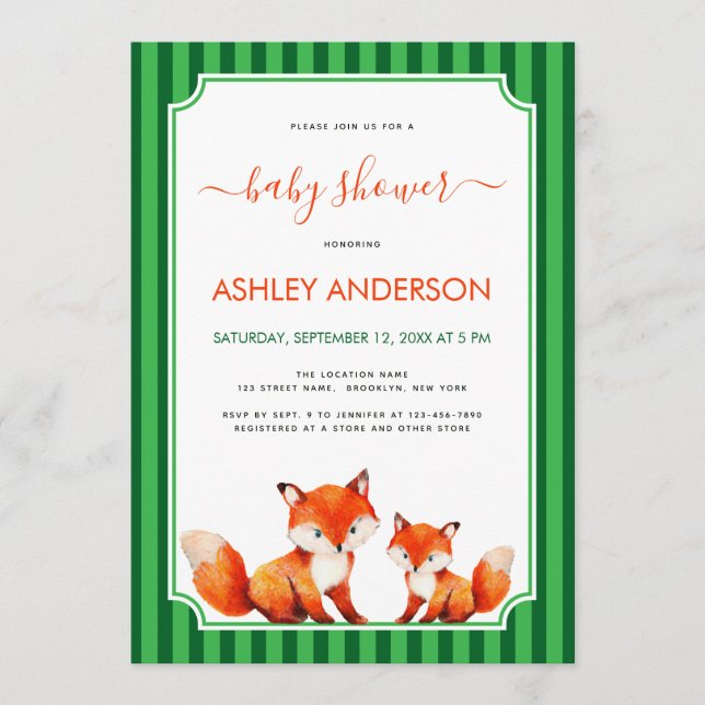 Fox Mama and Baby Shower Green Stripes Cute Invitation (Front)