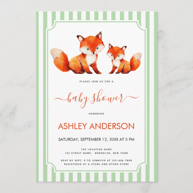 Fox Mama and Baby Shower Pale Green Stripes Cute Invitation (Front)