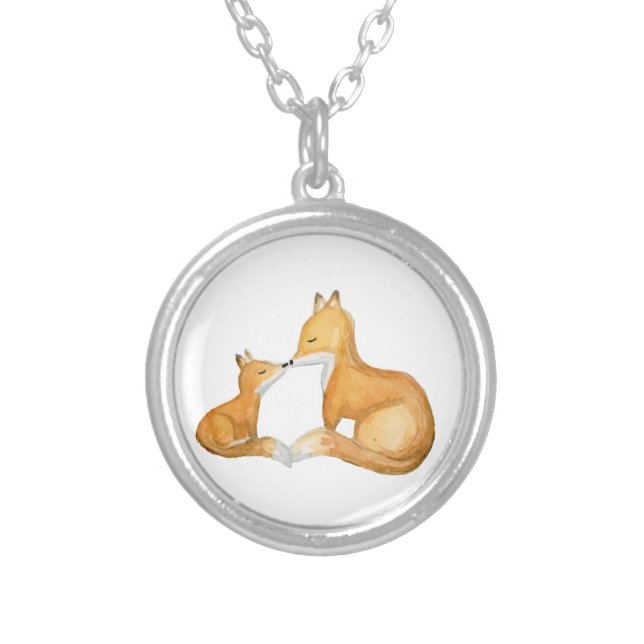Fox Mama and Cub Mom Gift Silver Plated Necklace (Front)