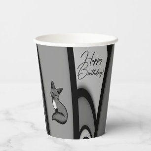 Fox Modern Art Design in Silver Happy Birthday Paper Cups