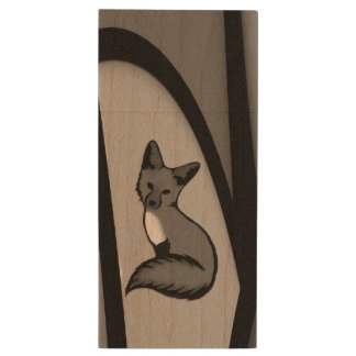 Fox Modern Art Design in Silver Wood Flash Drive