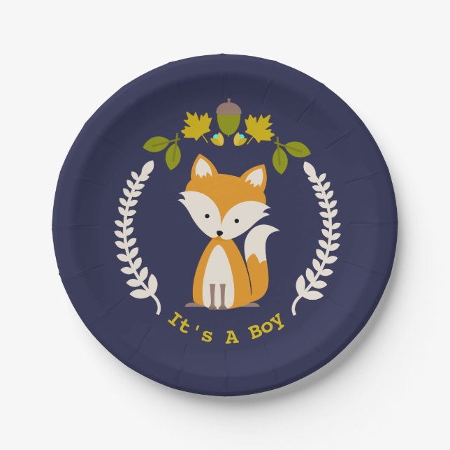 Fox Modern Boy Baby Shower Paper Plates (Front)