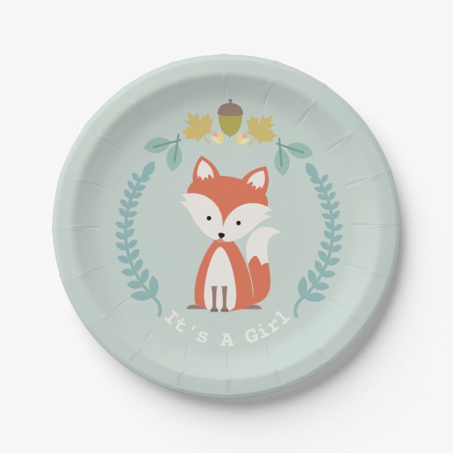 Fox Modern Girl Baby Shower Paper Plates (Front)