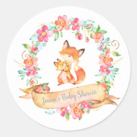 Fox Mom Baby Floral Wreath Spring Shower Woodland Classic Round Sticker