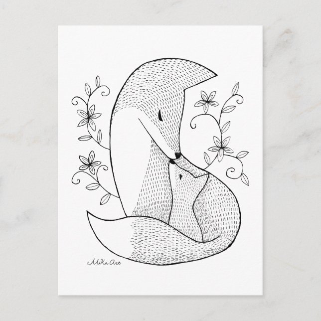 Fox mom & baby Postcard Fox ink drawing Art Card (Front)