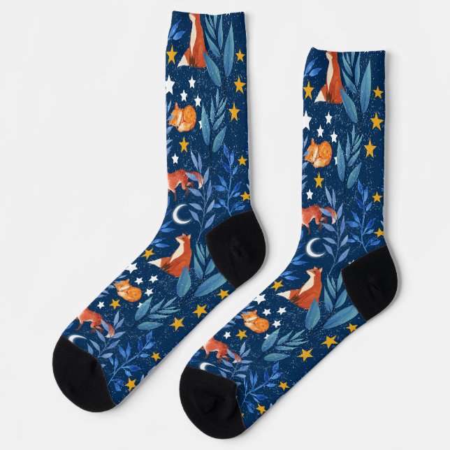 Fox Night Forest Celestial Seamless Pattern Socks (Left)