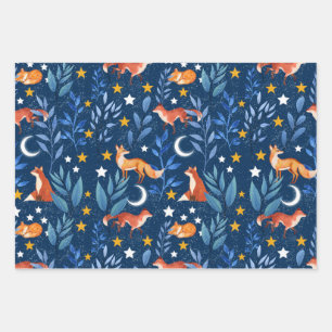 Fox Night Forest Celestial Seamless Pattern Wrapping Paper Sheets