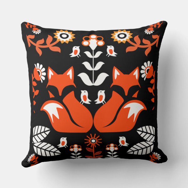 Fox Nordic Scandinavian Folk Art    Throw Pillow (Back)