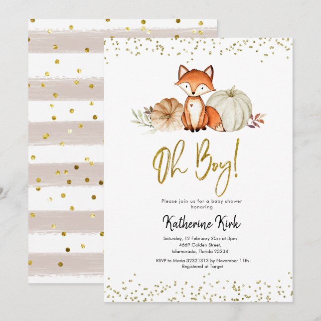 Fox Oh Boy Fall Pumpkin Baby Shower Invitation (Front/Back)