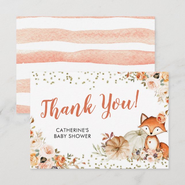 Fox Oh Girl Fall Pumpkin Baby Shower Thank You Card (Front/Back)