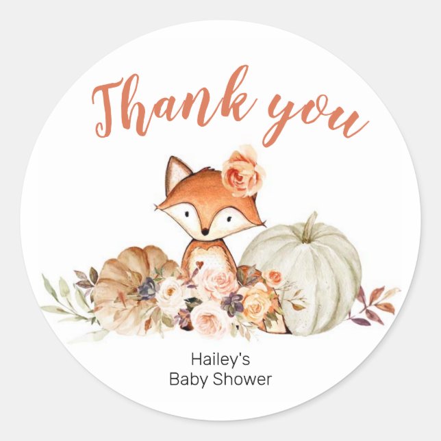 Fox Oh Girl Fall Pumpkin Baby Shower Thank You Classic Round Sticker (Front)