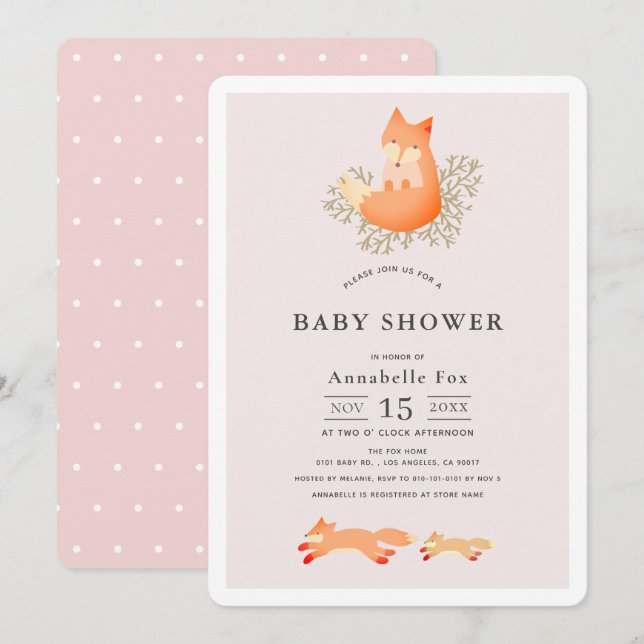 Fox on Branch Pink Girl Baby Shower Invitation (Front/Back)