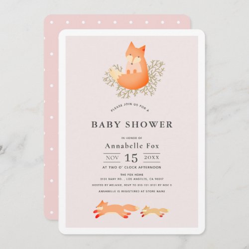 Fox on Branch Pink Girl Baby Shower Invitation